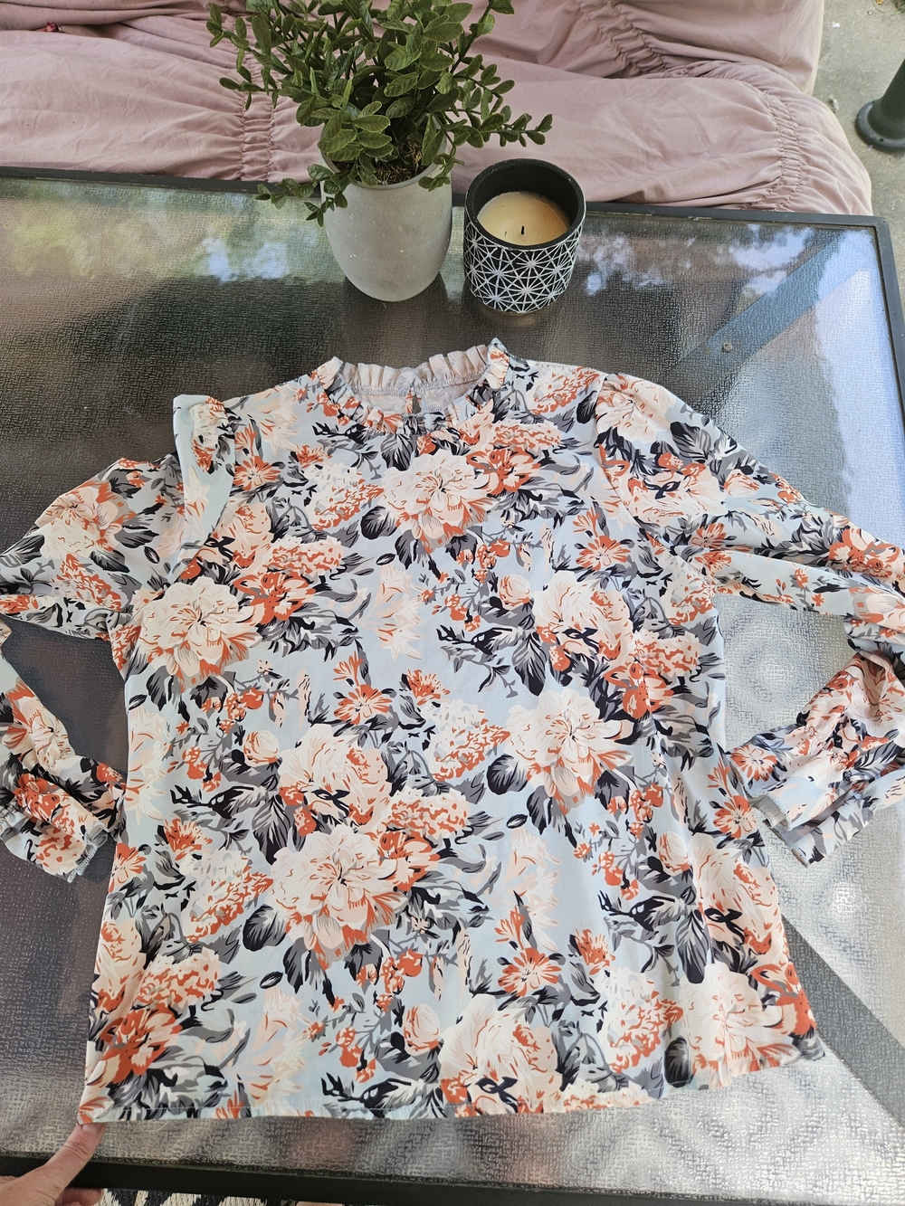SHEIN Floral Mock Neck Blouse in Light Blue, Coral & Navy